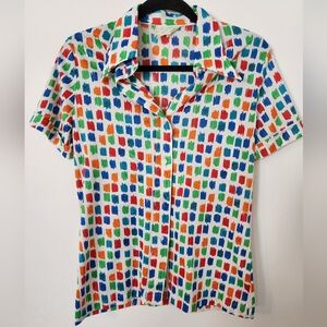 Vintage Sears 1960s Colorful Patterned Button-Up Shirt Abstract S Art Geometric